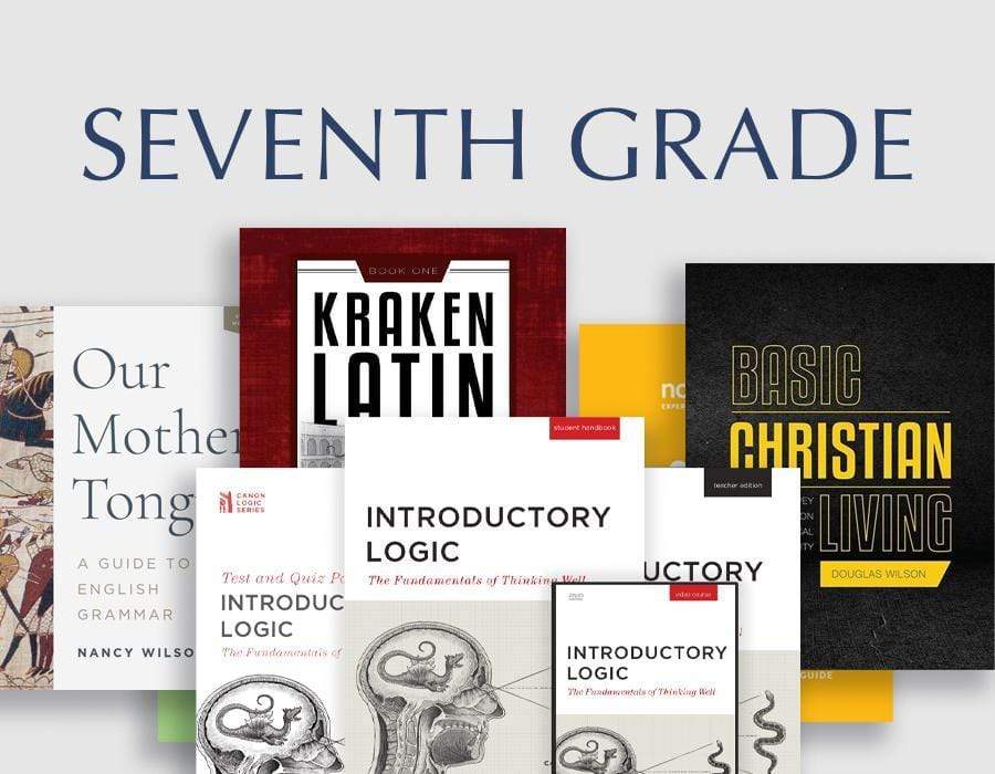 Seventh Grade Bundle. The cover shows Our Mother Tongue, Noe Science Level 3, Kraken Latin, Introductory Logic, and Basic Christian Living.