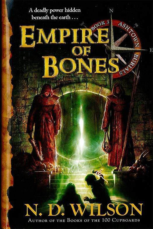 Empire of Bones, by N.D. Wilson, Ashtown Burials III. Cyrus and Antigone are waist-deep in water and they see a circular door guarded by two hooded soldiers: one with a spear and sling and the other with a sword; there are skulls by their feet.