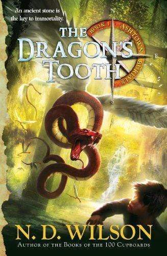 The Dragon's Tooth, by N.D. Wilson, Ashtown Burials I. The cover features a winged snake charging at a boy, with a waterfall and beams in the background.