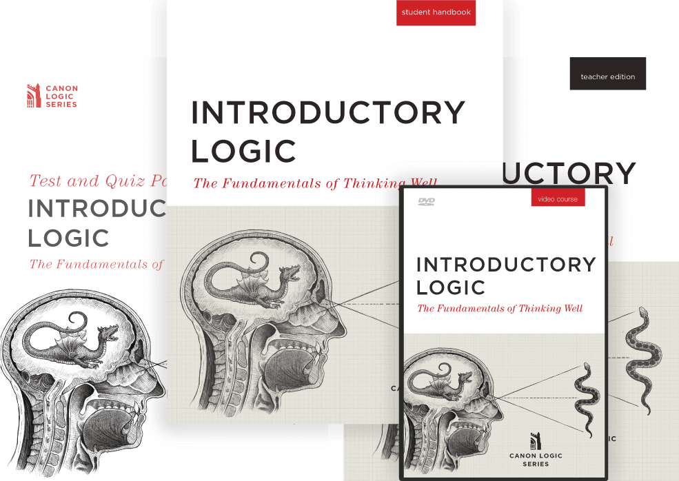 This is an image of all the products in Introductory Logic Package, which includes the student textbook, teacher's edition, tests and quizzes, and DVD.