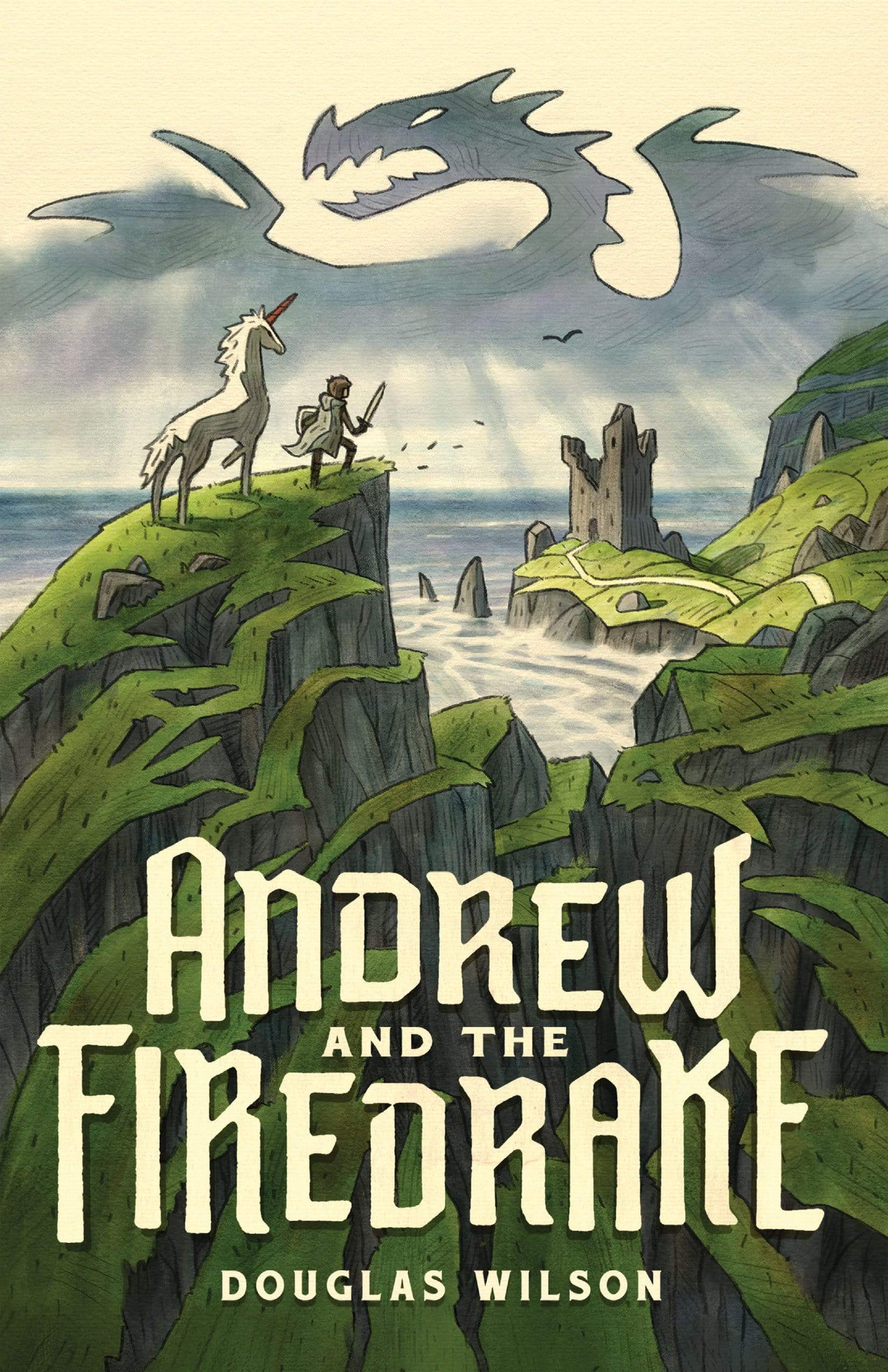 Andrew and the Firedrake by Douglas Wilson. We see a boy with a sword and shield standing on a cliff with a unicorn at his side. He looks out to the ocean to another cliff with a castle and towards the sky, where there is a dragon (Firedrake).