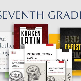 Seventh Grade Bundle. The cover shows Our Mother Tongue, Noe Science Level 3, Kraken Latin, Introductory Logic, and Basic Christian Living.